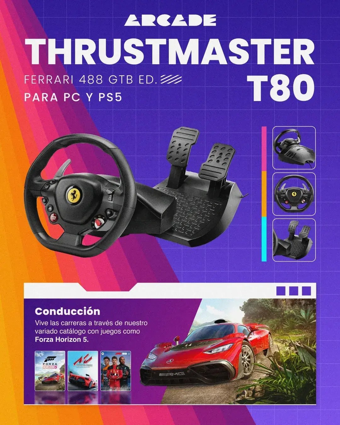 ¡Nuevos accesorios en Arcade!  ¡La experiencia gamer sube de nivel!   Ya puedes probar en Arcade nuestros nuevos accesorios de simulación-  Thrustmaster T80 RW Ferrari GTB – Vive la adrenalina del simracing con su volante y pedale (1)