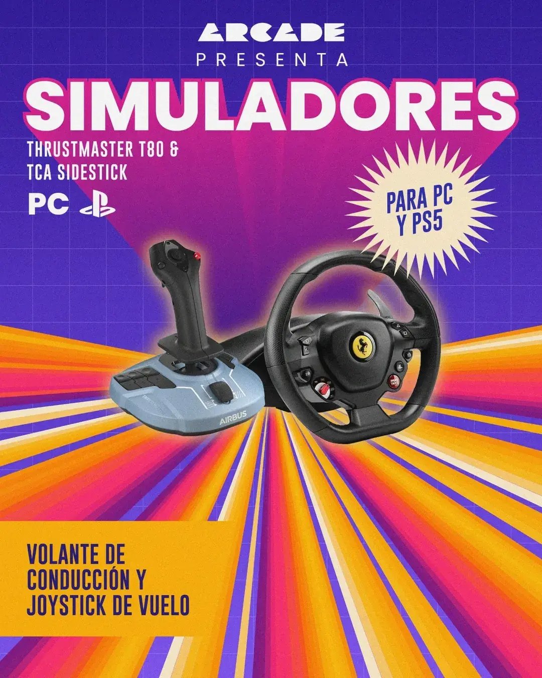 ¡Nuevos accesorios en Arcade! ¡La experiencia gamer sube de nivel! Ya puedes probar en Arcade nuestros nuevos accesorios de simulación- Thrustmaster T80 RW Ferrari GTB – Vive la adrenalina del simracing con su volante y pedales in